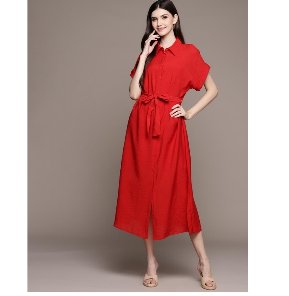 Mango Red Short Sleeve Belted Midi Button-down Dress 6